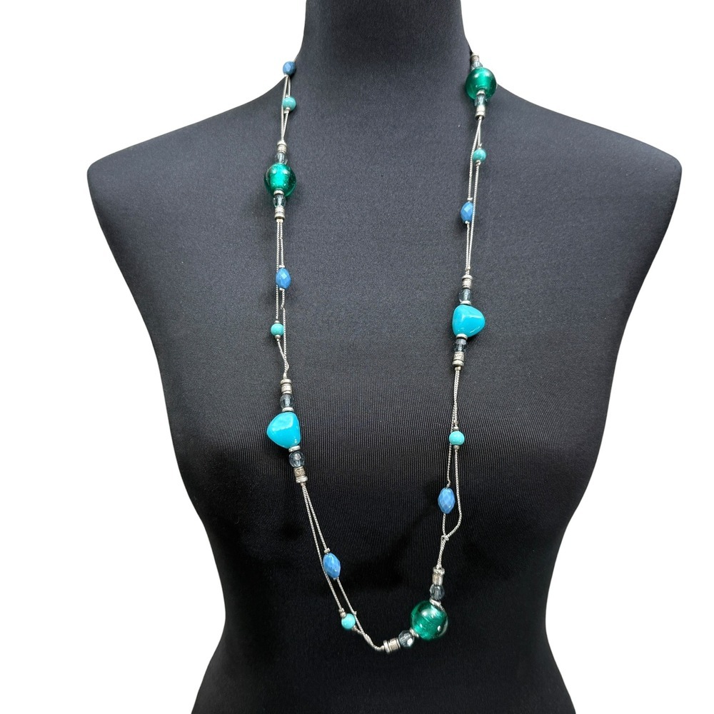 VTG Glass Beaded Long Statement Necklace Emerald Turquoise Silver Tone 36 in L